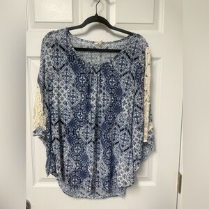 Women's Blue Patterned Tunic with Crochet Sleeve Detail